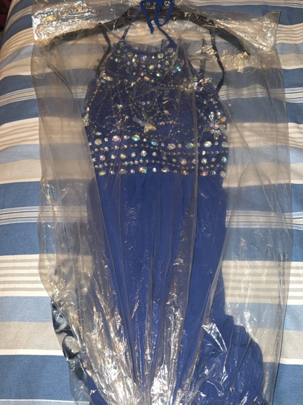 B. Darlin Royal Blue Beaded Halter Gown
